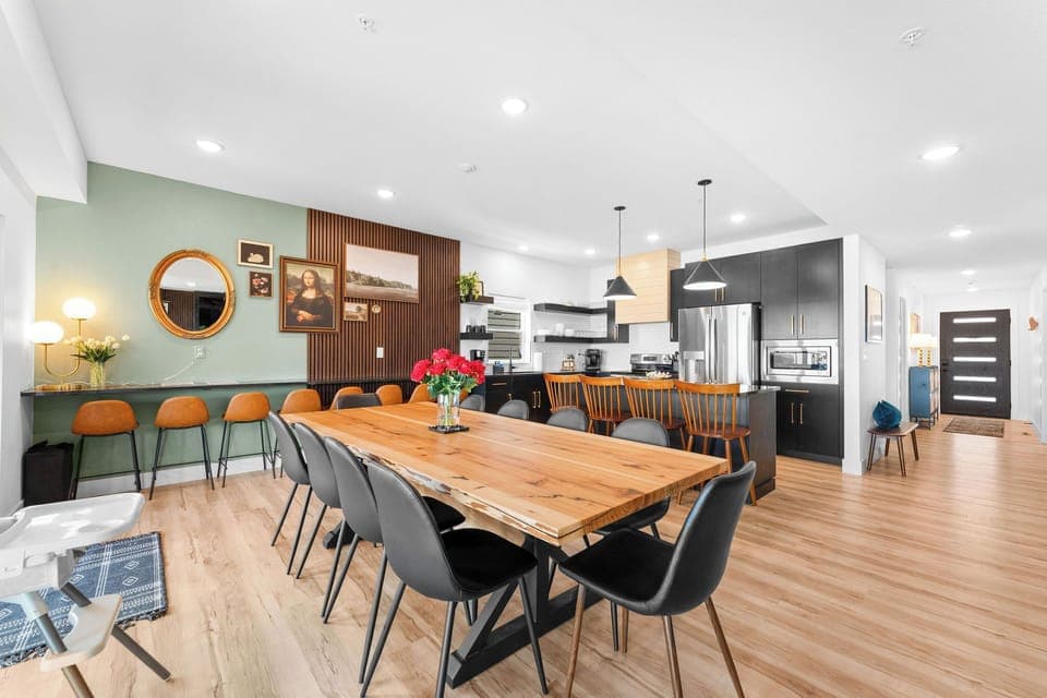 Custom live-edge dining table for 10 plus counter seating—perfect for group meals and memories.