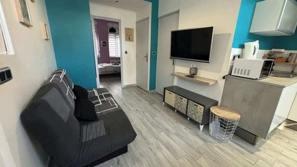 Salon avec canapé convertible et télévision, ouvert sur la cuisine.