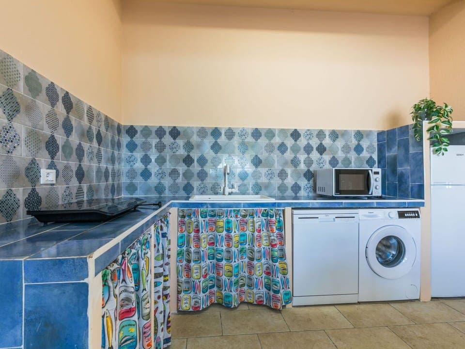 Blue, Major Appliance, Flooring, Washing Machine, Kitchen, Interior Design, Floor, Kitchen Appliance, Tile, Laundry Room
