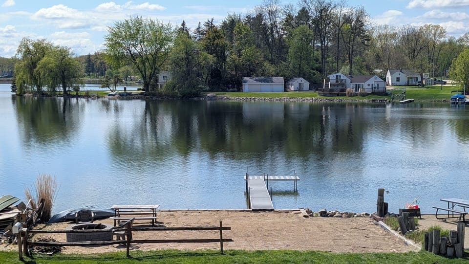 Balcony view of the beach and dock area
