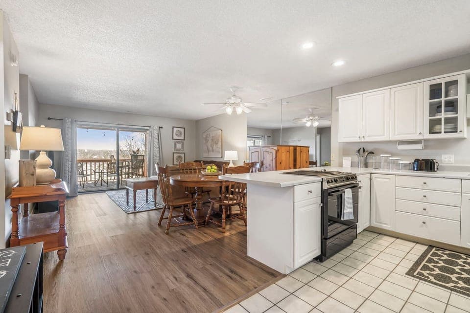 Kitchen, dining, and living area