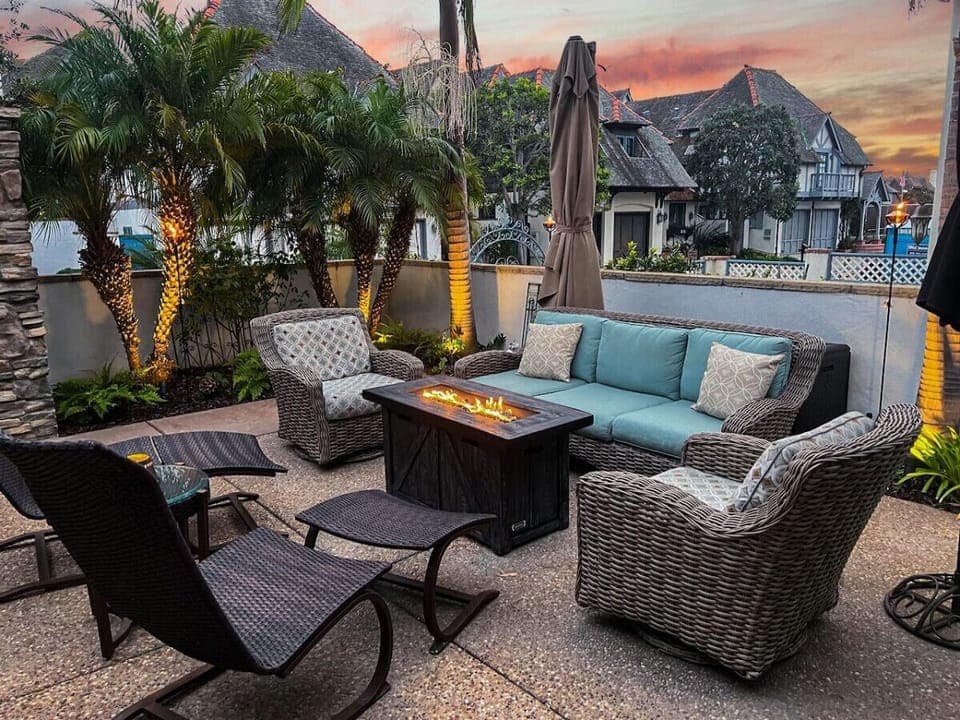 Cozy up by the fire pit to enjoy the outdoor gathering space.
