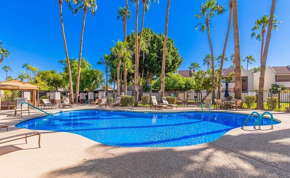 Resort-like heated community pool surrounded by palm trees