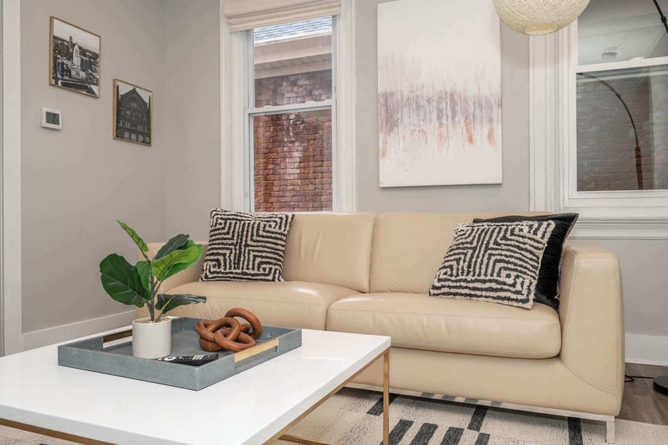 Unwind on the comfortable living room couch to enjoy a movie