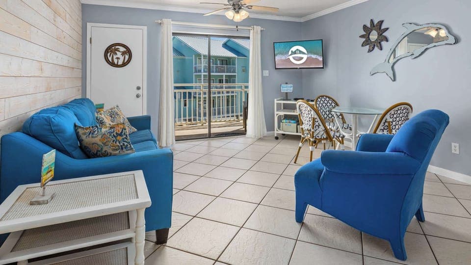 Settle into your living area, complete with a sleeper sofa, TV, and dining table with seating for 3. 