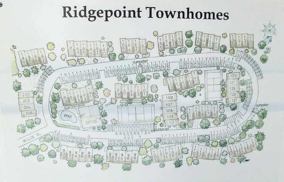 An overhead map of Ridgepoint Townhomes shows units numbered 101 to 213, parking spaces, roads, a pool, office, and dumpsters located at two corners.