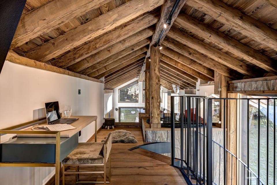 Stairs lead to a mezzanine level