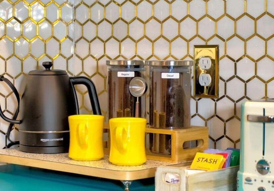 Regular and decaf pour-over coffee. Six (6) tea options also provided.