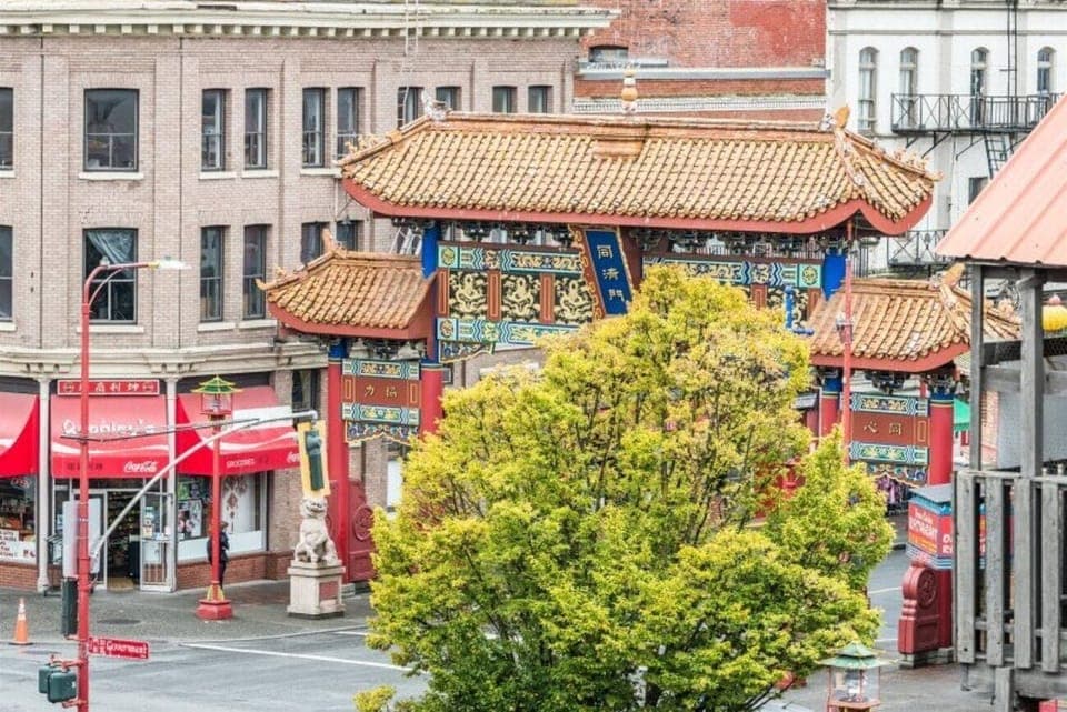 Charming cityscape view from vibrant urban street corner