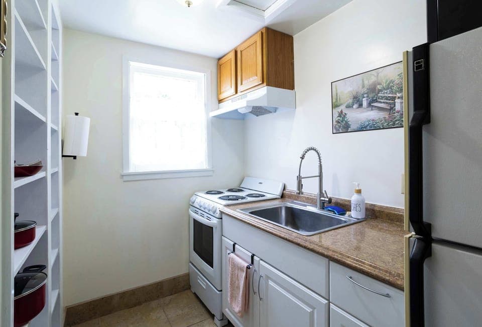 The kitchen hits all the marks with a stove, oven and microwave