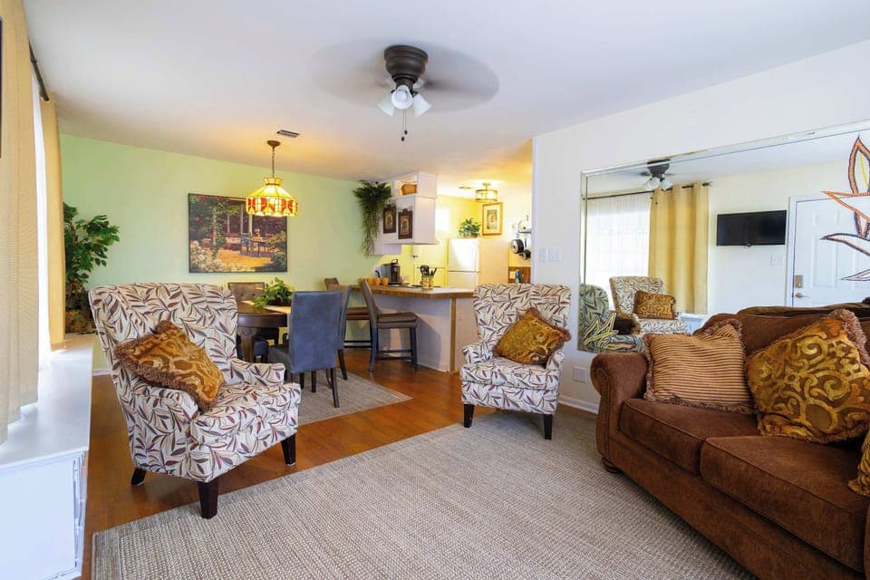 Curl up in the breezy living room & stream your favorites on the smart TV