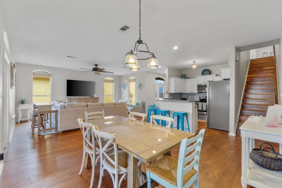 The dining area is perfect for socializing, game night, or sharing family meals