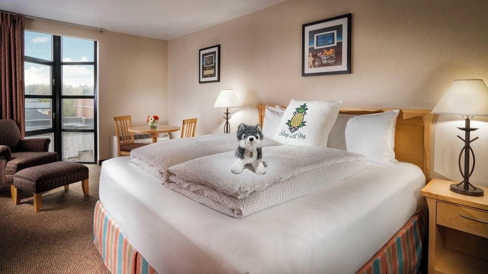 Wake up in a sunlit king bed with lounge seating.