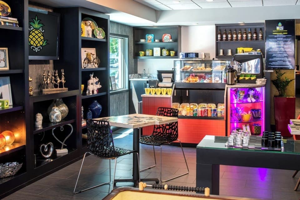 Grab a quick snack and linger in the colorful lobby lounge