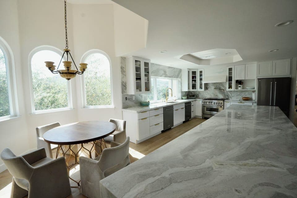Enormous kitchen island gives ample space for cooking