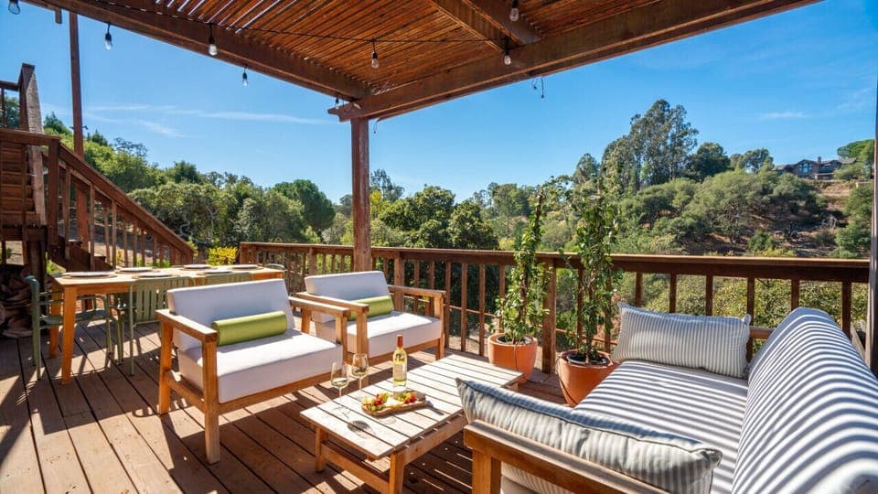 Stunning outdoor patio space with scenic views of Sonoma county`s beautiful oak lined hills