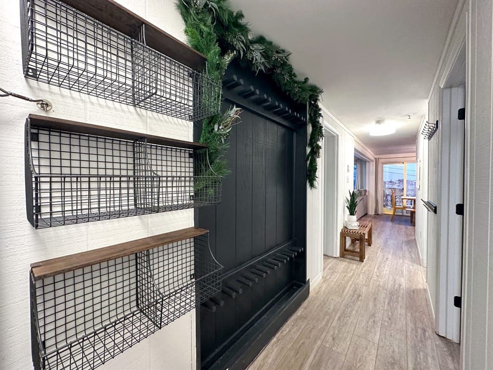 Ski space, baskets, and hooks are provided for guests.