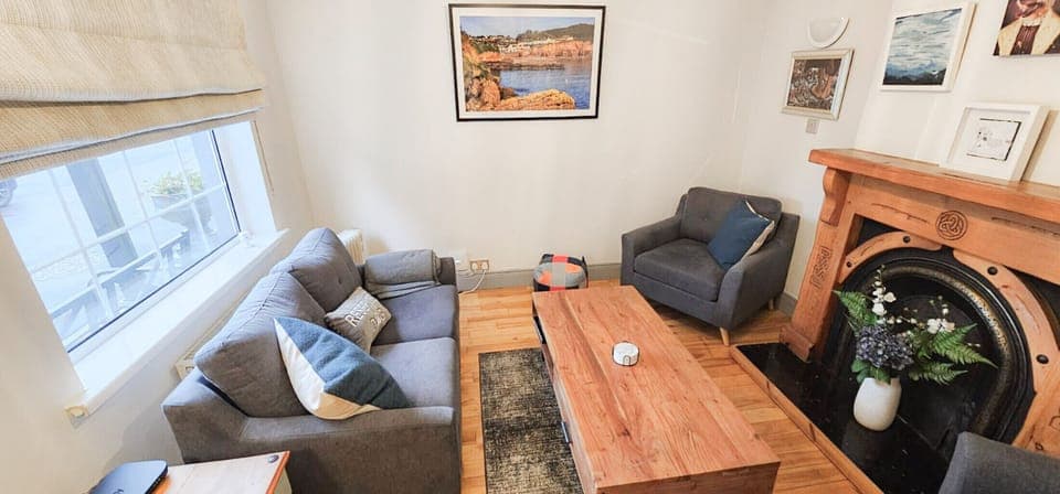 Passage East, Co Waterford. Family holiday home, close to ferry. Living room, modern suite, fireplace, wooden floors. Bright window.