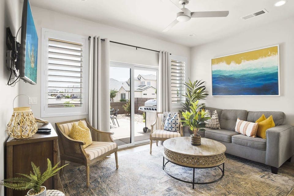 Cozy and spacious living area with TV