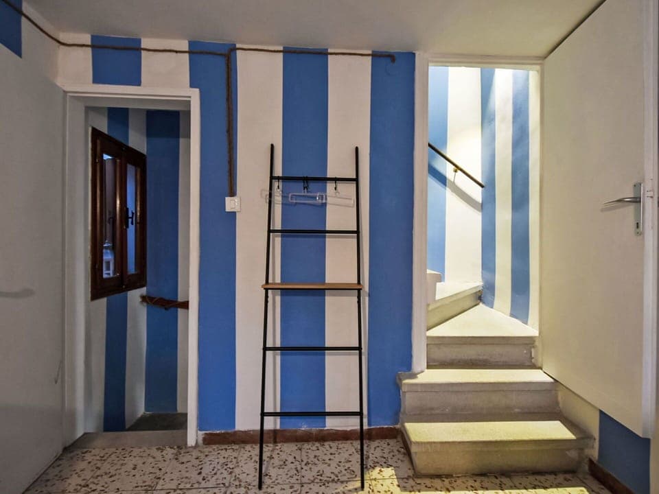 Blue, Wall, Flooring, Floor, Composite Material, Paint, Stairs, Wood Stain, Hardwood