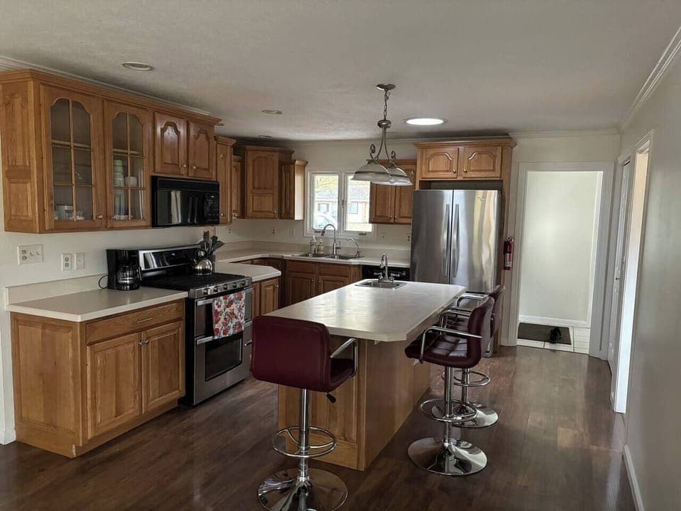 Gas stove with double ovens. 