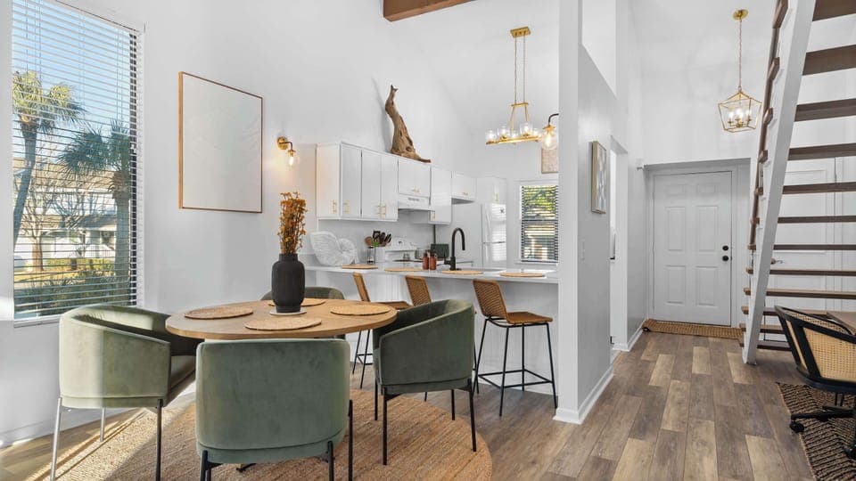 This home has two levels. The ground level has one bedroom and one full bathroom, and the upstairs has two bedrooms and one more full bathroom. 