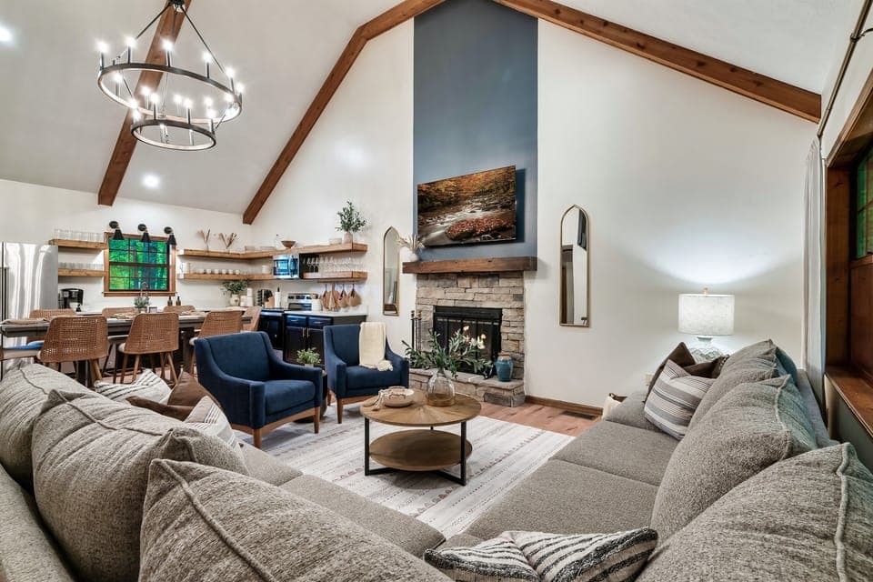Cozy up by the wood-burning fireplace.