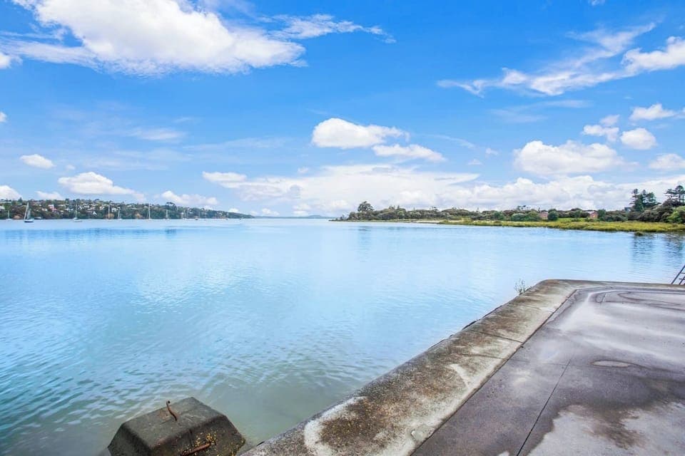 The bay water is a stunning blue.