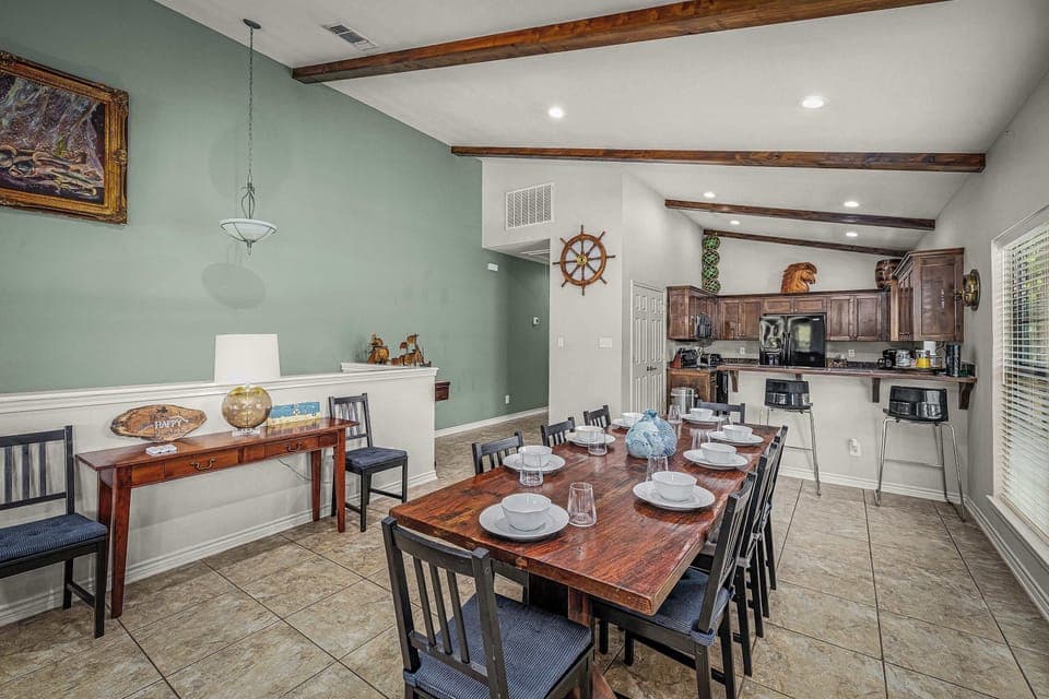 Seamless living, dining, and kitchen space.