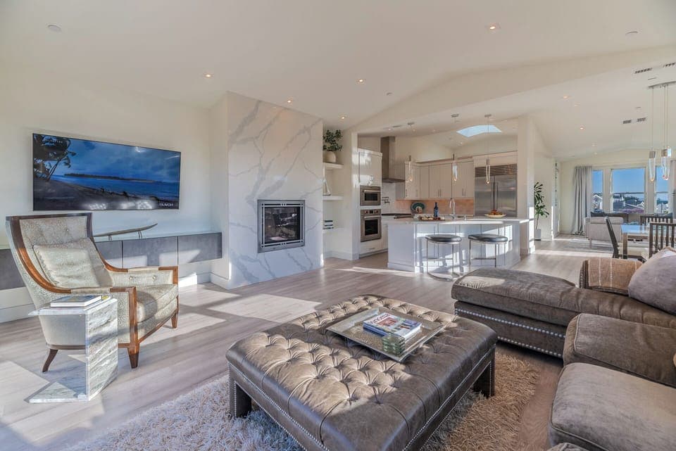 The living area is just steps away from the gourmet kitchen