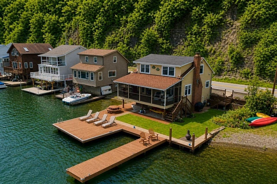 Nestled at the edge of a serene lake, this charming dock features a row of inviting, comfortable chairs, perfect for relaxing and enjoying the peaceful surroundings. The chairs, crafted from weather-resistant materials, are designed for comfort with 