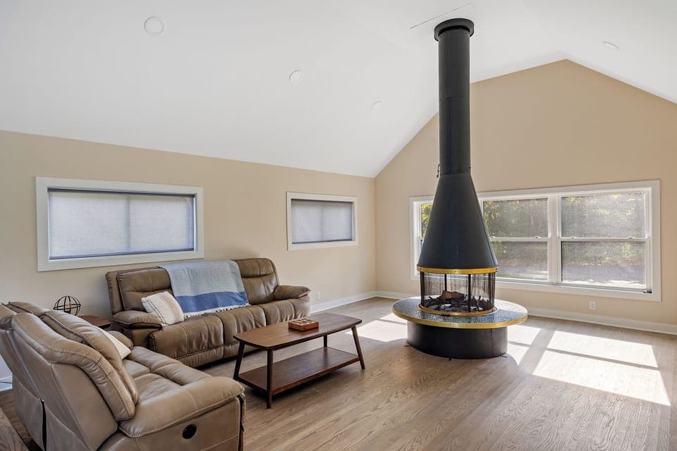 Wood burning fireplace in the living room.