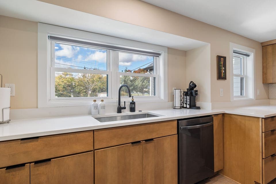 Modern kitchen with outside view.