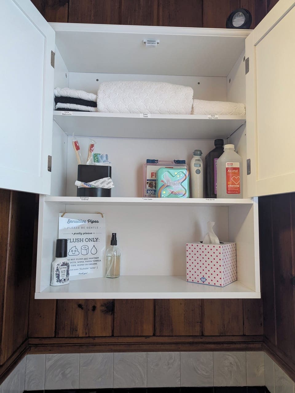 Extra towels, emergency first aid, & extra toiletries just incase.