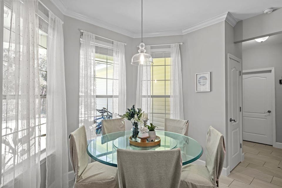 Kick back at the eat in kitchen- no fuss, just fun and plenty of space for everyone to spread out.