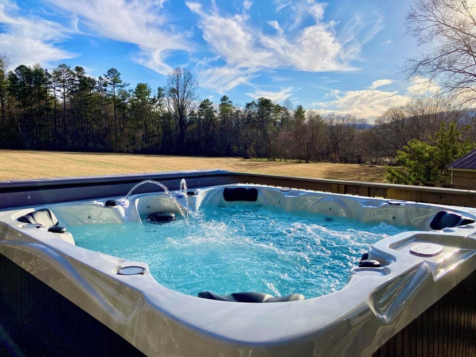 Relax in the 7-person hot-tub overlooking the pastoral meadow.
