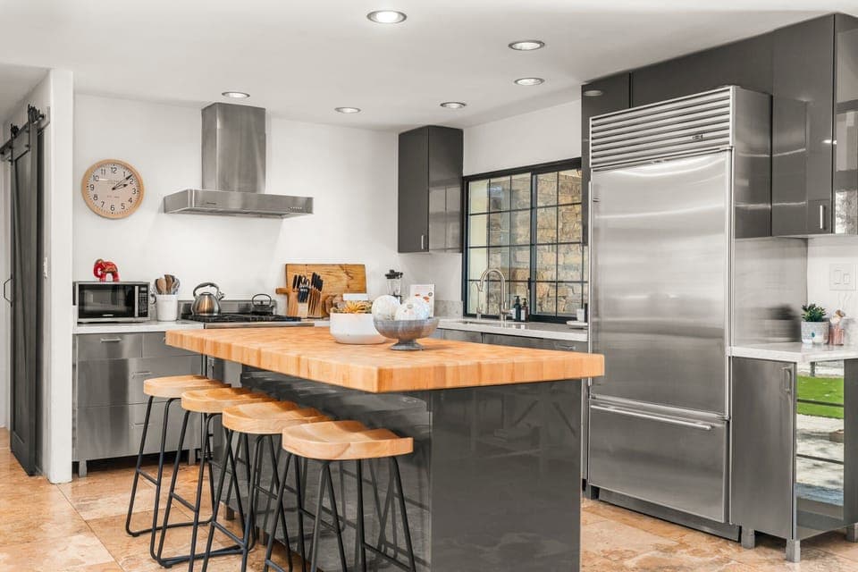 Butcher block island with seating for 4