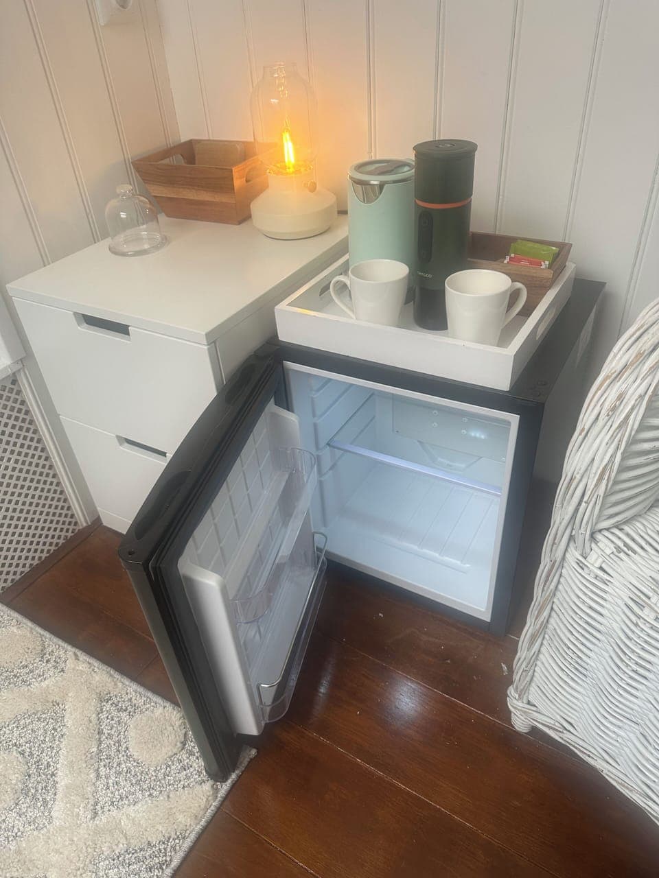 Mini fridge, rechargeable expresso maker, kettle.