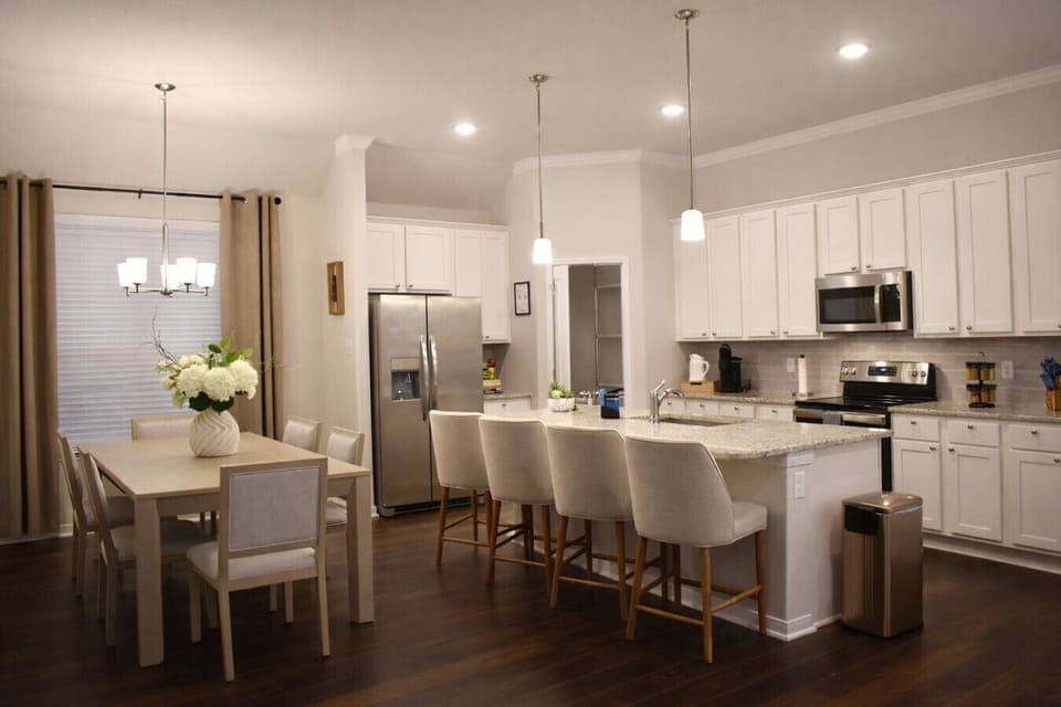 Island seating ideal for coffee or quick bites