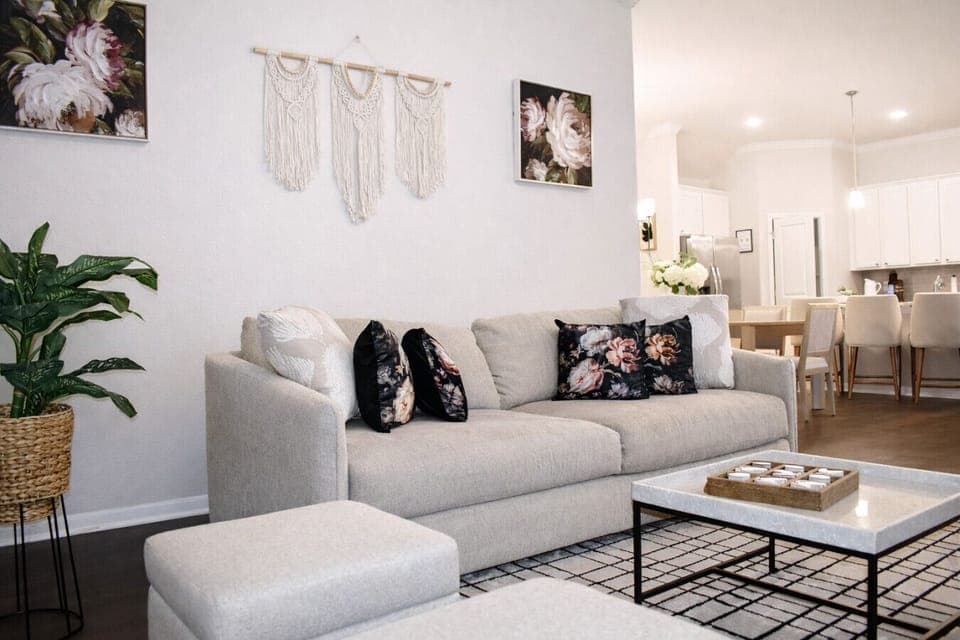 Thoughtfully styled living area with boho accents