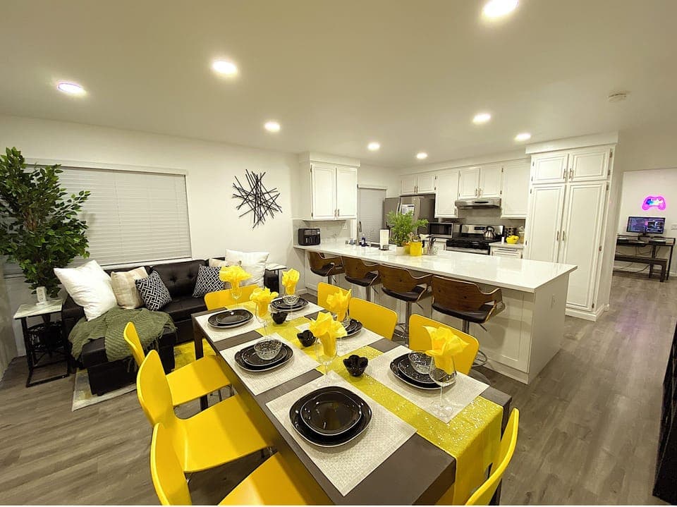 Our dining area seats eight. Our kitchen island has four more barstools 