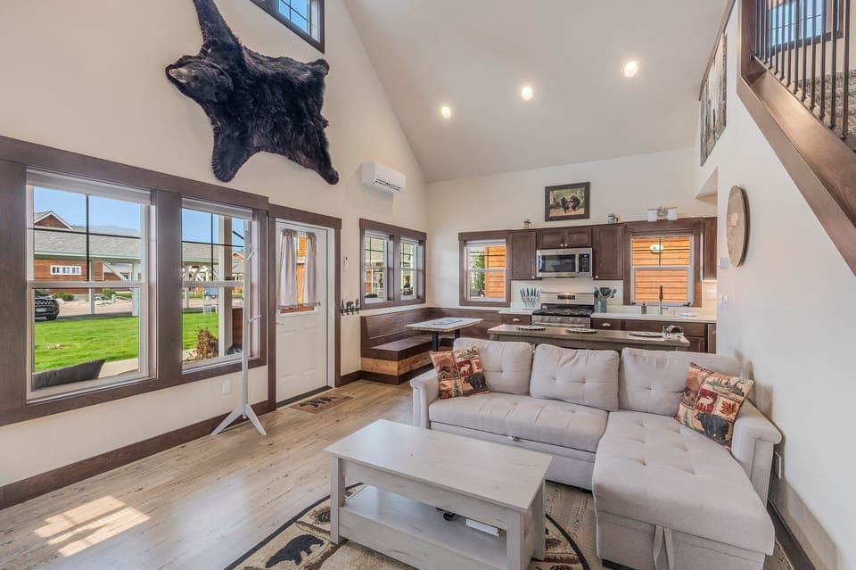 Cozy living room area looking towards the kitchen