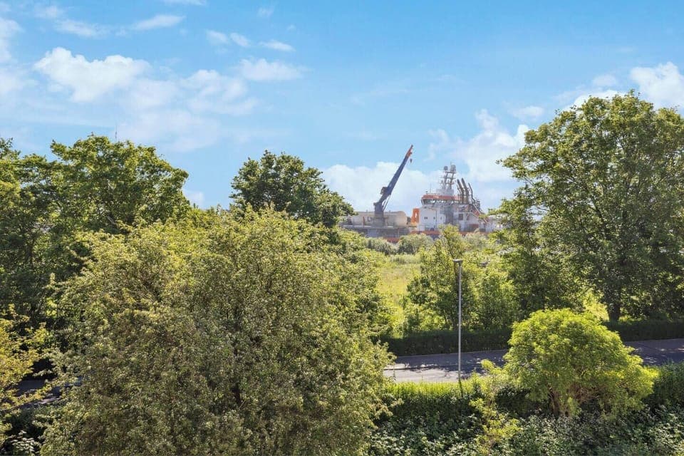 Schöner Ausblick ins Grüne mit Blick auf die Werft und vorbeifahrende Schiffe.