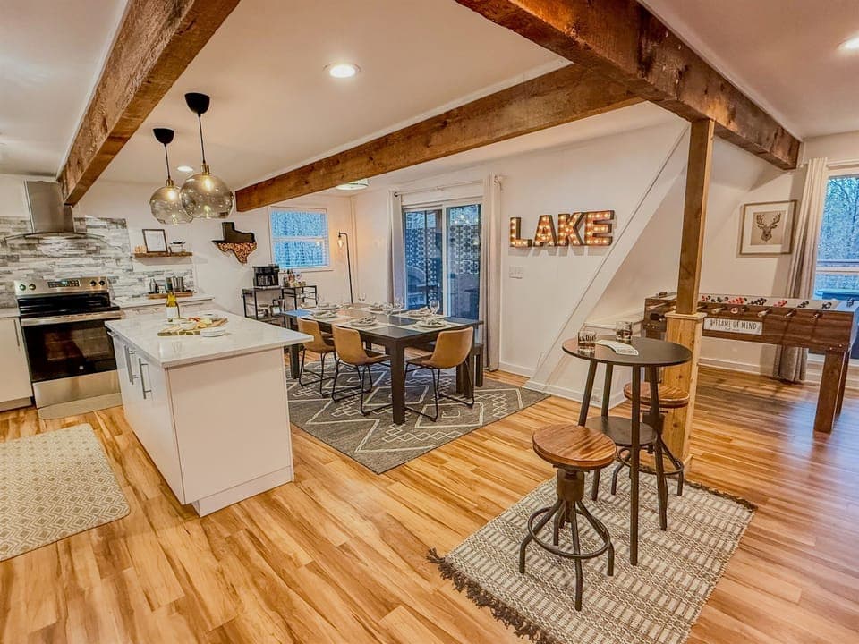 Open concept with seating for 6 people, Foosball table