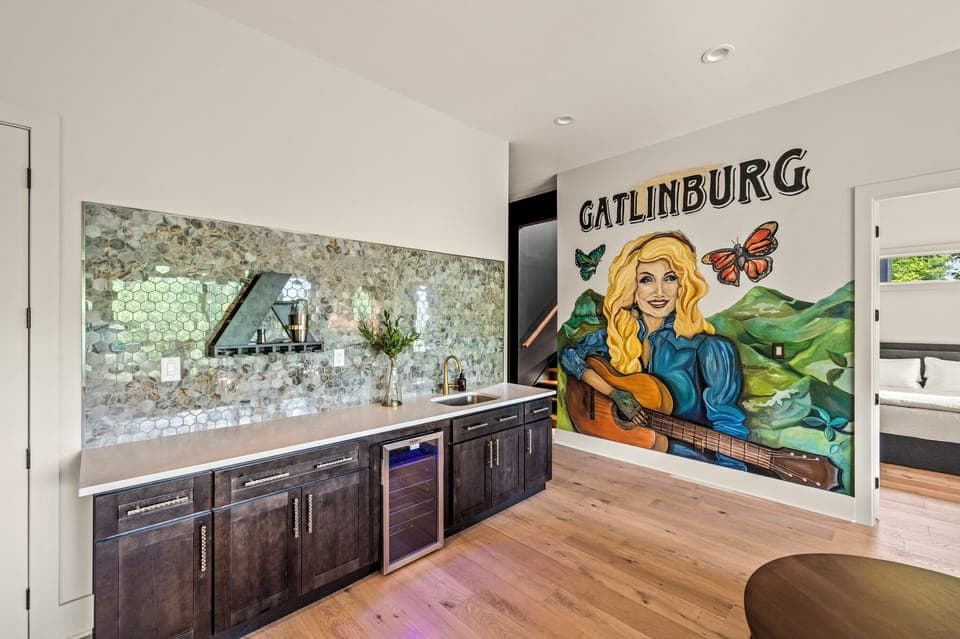 Large bar area in second living area with mini fridge