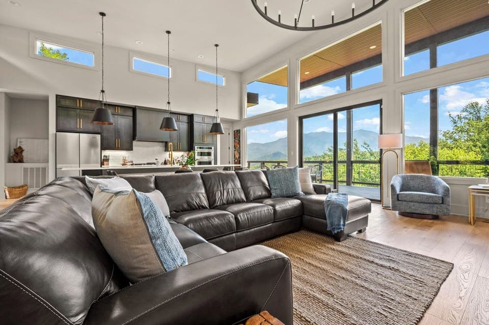 Large sectional and chairs with room for the entire family