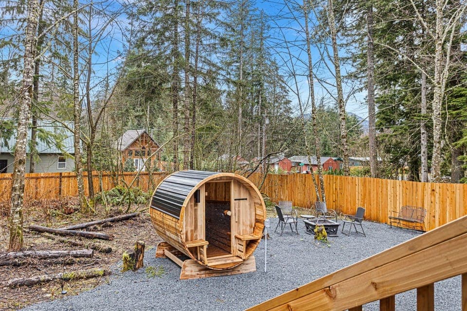 Fully fenced private backyard  with sauna, hottub, fireplace
