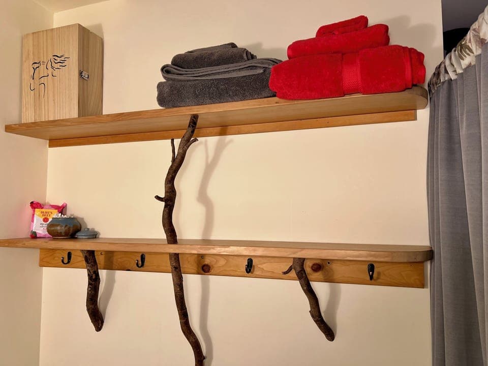 Hair dryer, towels, plenty of room for toiletries. 