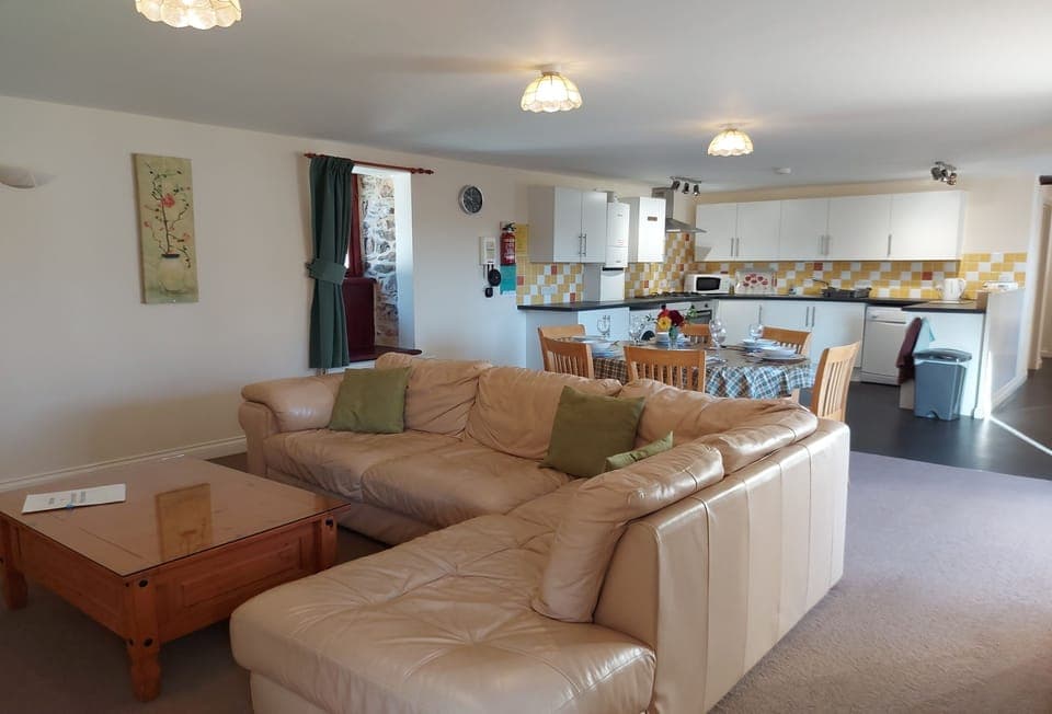 Tawny Owl, Newquay: The spacious open-plan layout includes a well-equipped kitchen, a comfortable sitting area, and a dining space.