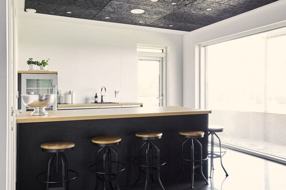 Contemporary kitchen island with bar seating and large windows for natural light.